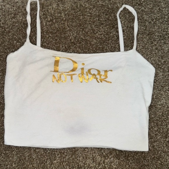 NAKED WARDROBE SOLID VIBES WHITE CROP TANK W GOLD DIOR NOT WAR METALLIC LOGO L - Picture 1 of 8
